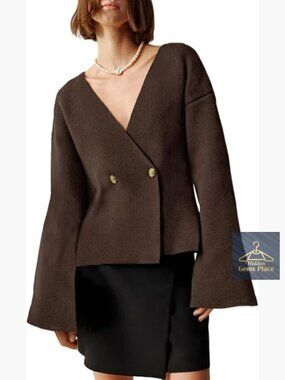 V Neck Cardigan Long Bell Sleeve Button Down Open Front Loose Knit Fall Sweater